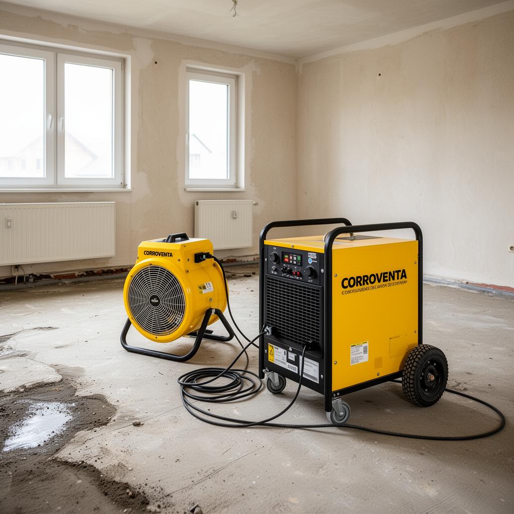 Professionelle Bautrocknungsgeräte – Kondensationstrockner und Ventilator – in einem leergeräumten Raum nach Wasserschaden