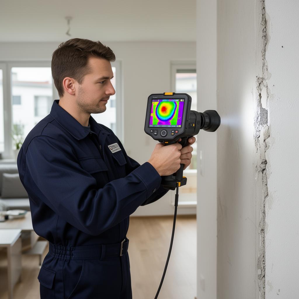 Techniker führt zerstörungsfreie Leckortung mit Wärmebildkamera an einer Wohnungswand in Dortmund durch