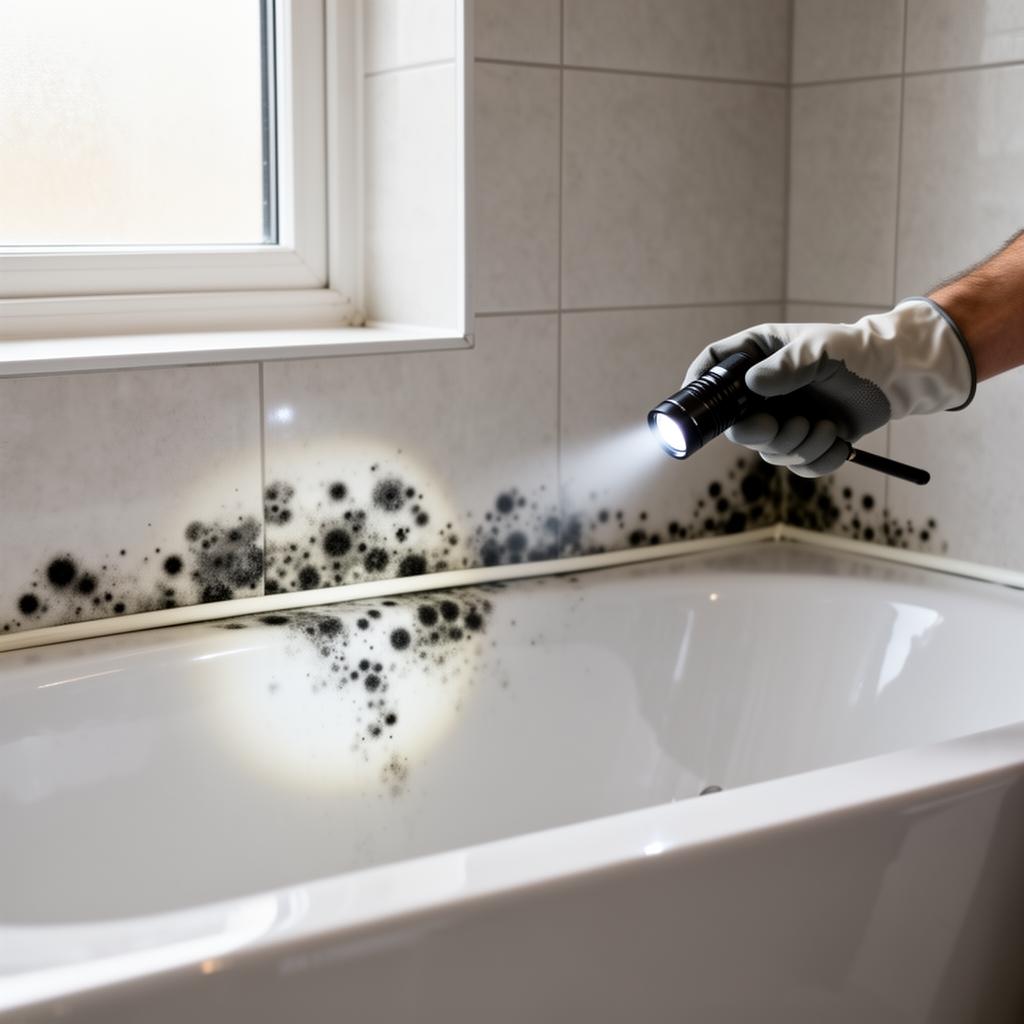 Schwarzer Schimmel an Silikonfugen und Fliesen über einer Badewanne – Schimmelsanierung im Bad in Dortmund